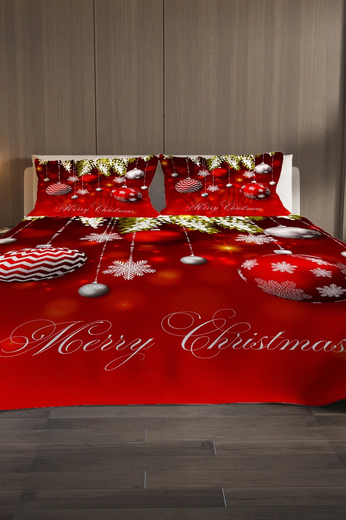 Yılbaşı %100 Pamuk Çift Kişilik Pike Takımı Yatak Örtüsü Özel Dokuma Dark Deer Noel