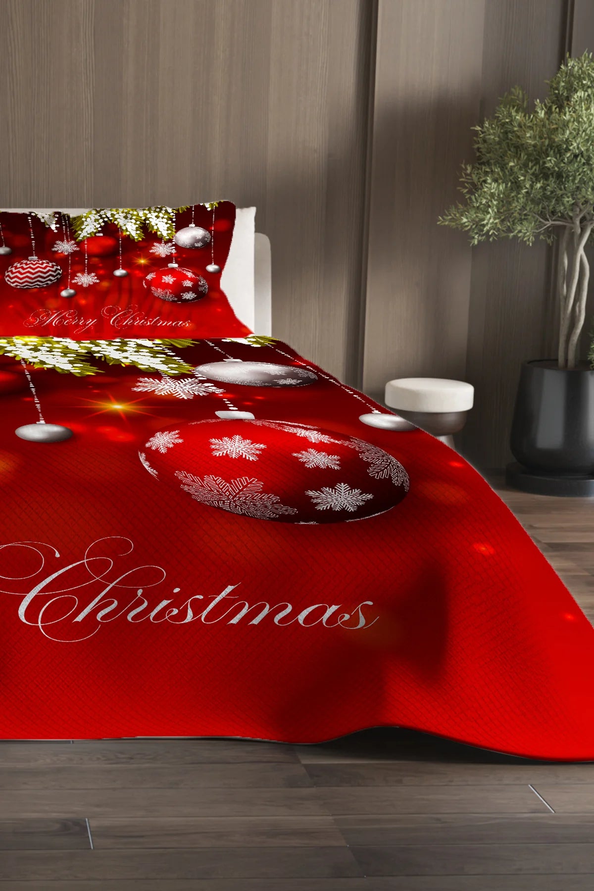 Yılbaşı %100 Pamuk Çift Kişilik Pike Takımı Yatak Örtüsü Özel Dokuma Dark Deer Noel