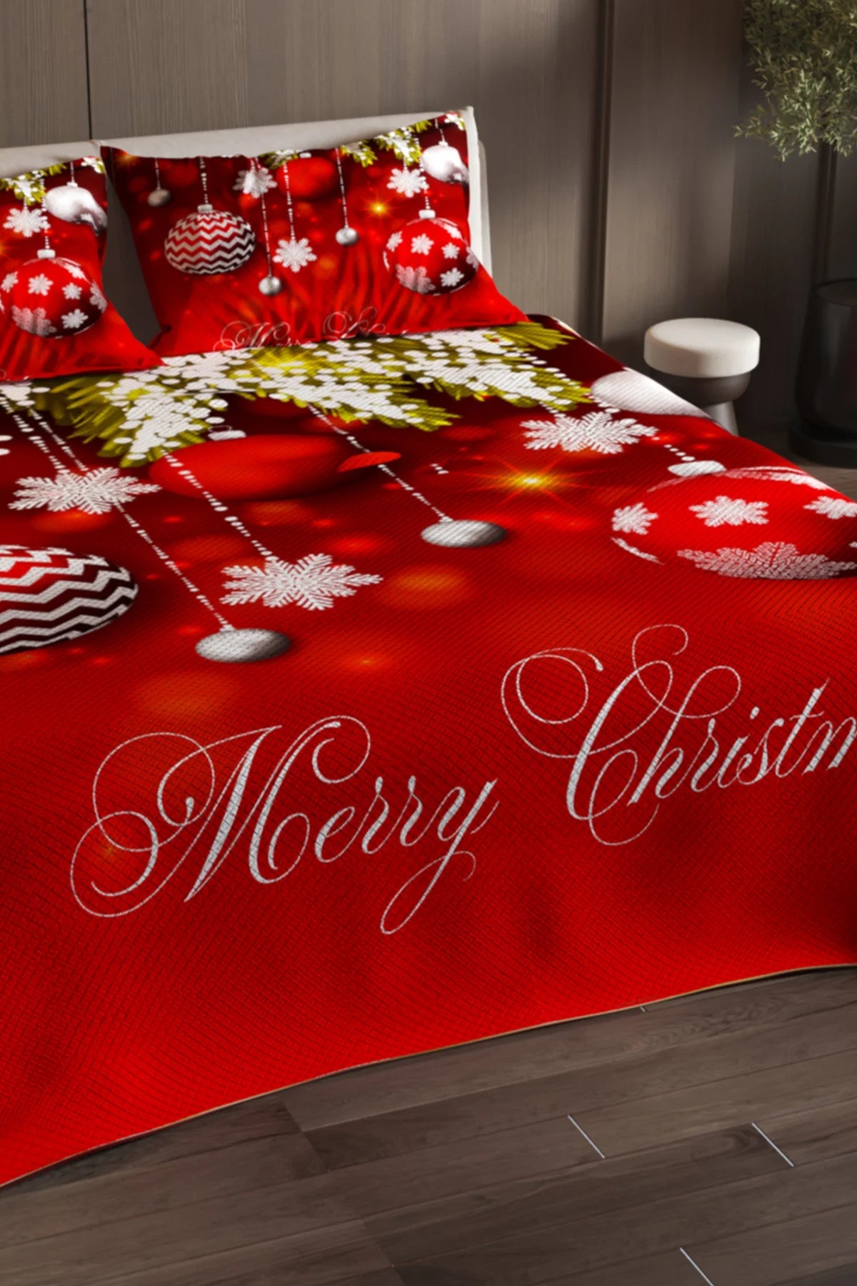 Yılbaşı %100 Pamuk Çift Kişilik Pike Takımı Yatak Örtüsü Özel Dokuma Dark Deer Noel