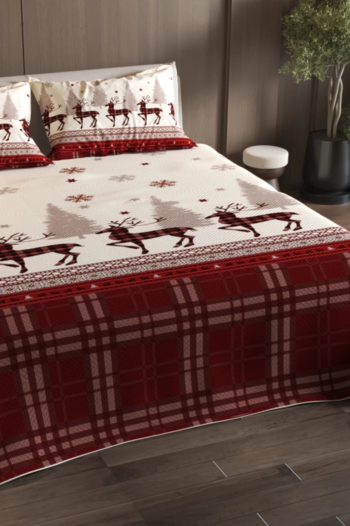 Yılbaşı %100 Pamuk Çift Kişilik Pike Takımı Yatak Örtüsü Özel Dokuma Deer