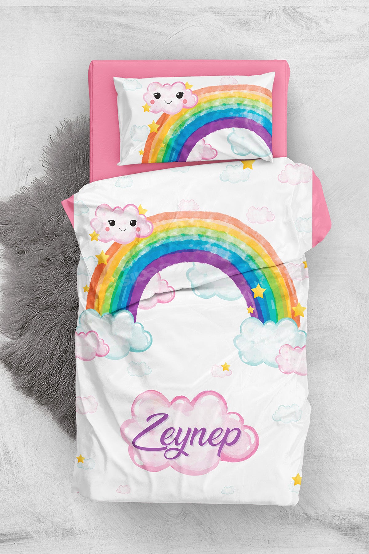 İsimli Bebek Nevresim %100 Pamuk Oeko-tex®sertifikalı Özel Dokuma 100 X 150 Rainbow