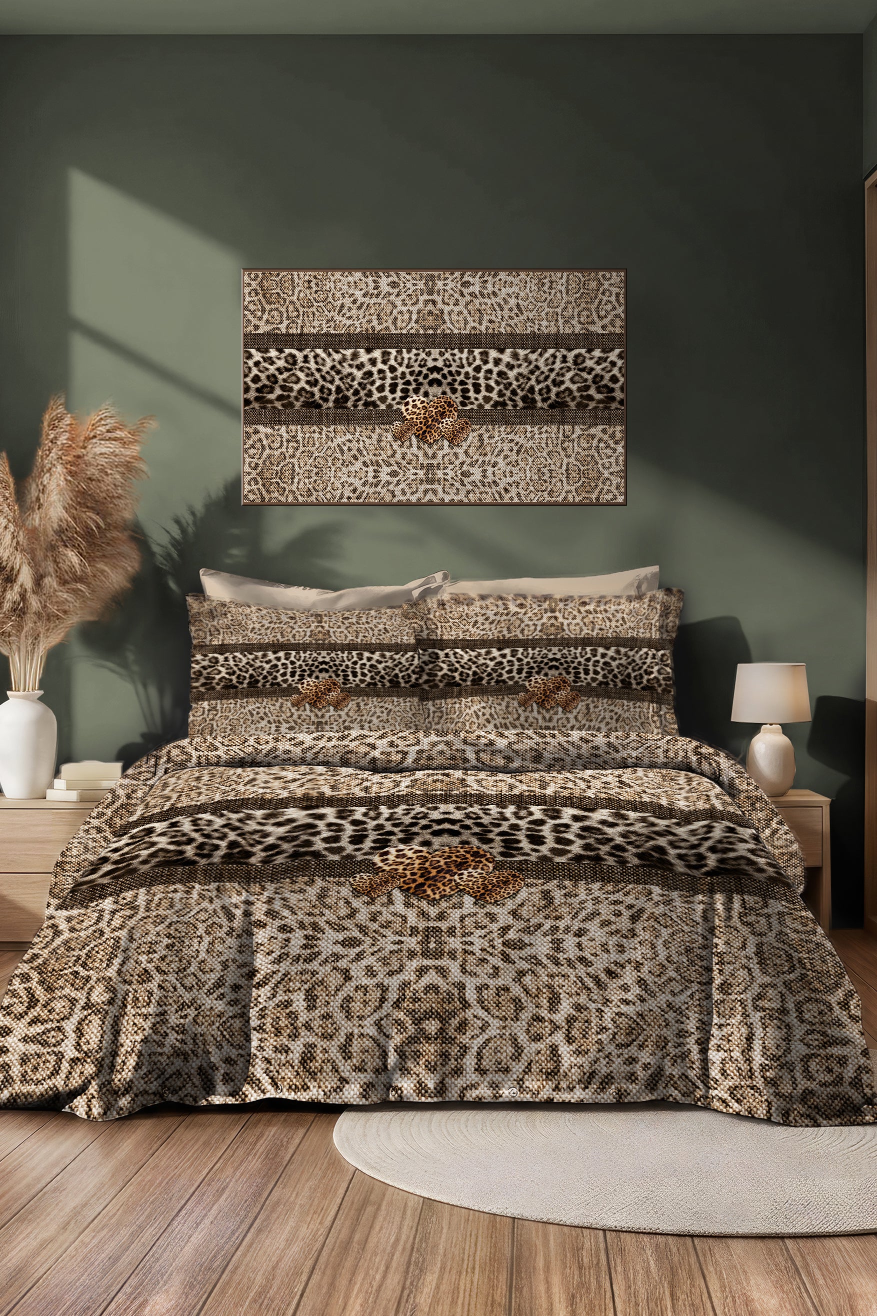 Leopar Çift Kişilik Nevresim Takımı Özel Dokuma Pamuk Saten Leopard Fabric