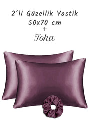İpek Saten Yastık Kılıfı 2 Adet 50x70cm 1 Adet Saten Tokalı Lila