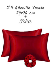 İpek Saten Yastık Kılıfı 2 Adet 50x70cm 1 Adet Saten Tokalı Red