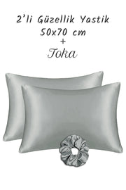 İpek Saten Yastık Kılıfı 2 Adet 50x70cm 1 Adet Saten Tokalı Silver
