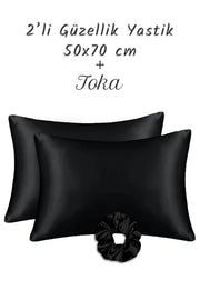 İpek Saten Yastık Kılıfı 2 Adet 50x70cm 1 Adet Saten Tokalı Siyah