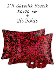 İpek Saten Yastık Kılıfı 2 Adet 50x70cm 2 Adet Saten Tokalı Red Leopar