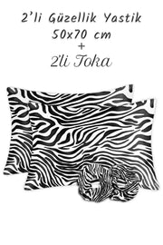 İpek Saten Yastık Kılıfı 2 Adet 50x70cm 2 Adet Saten Tokalı Zebra