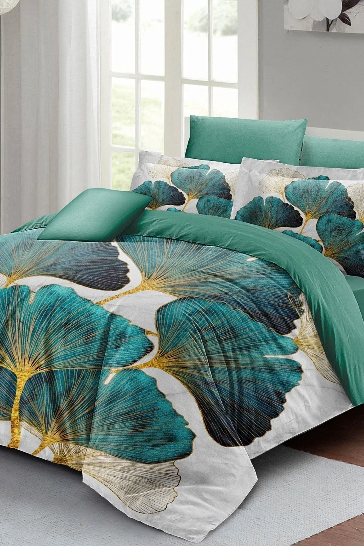 Çift Kişilik %100 Pamuk Saten Nevresim Takımı – Luxury Leaves – Çeyizlik & Hediyelik