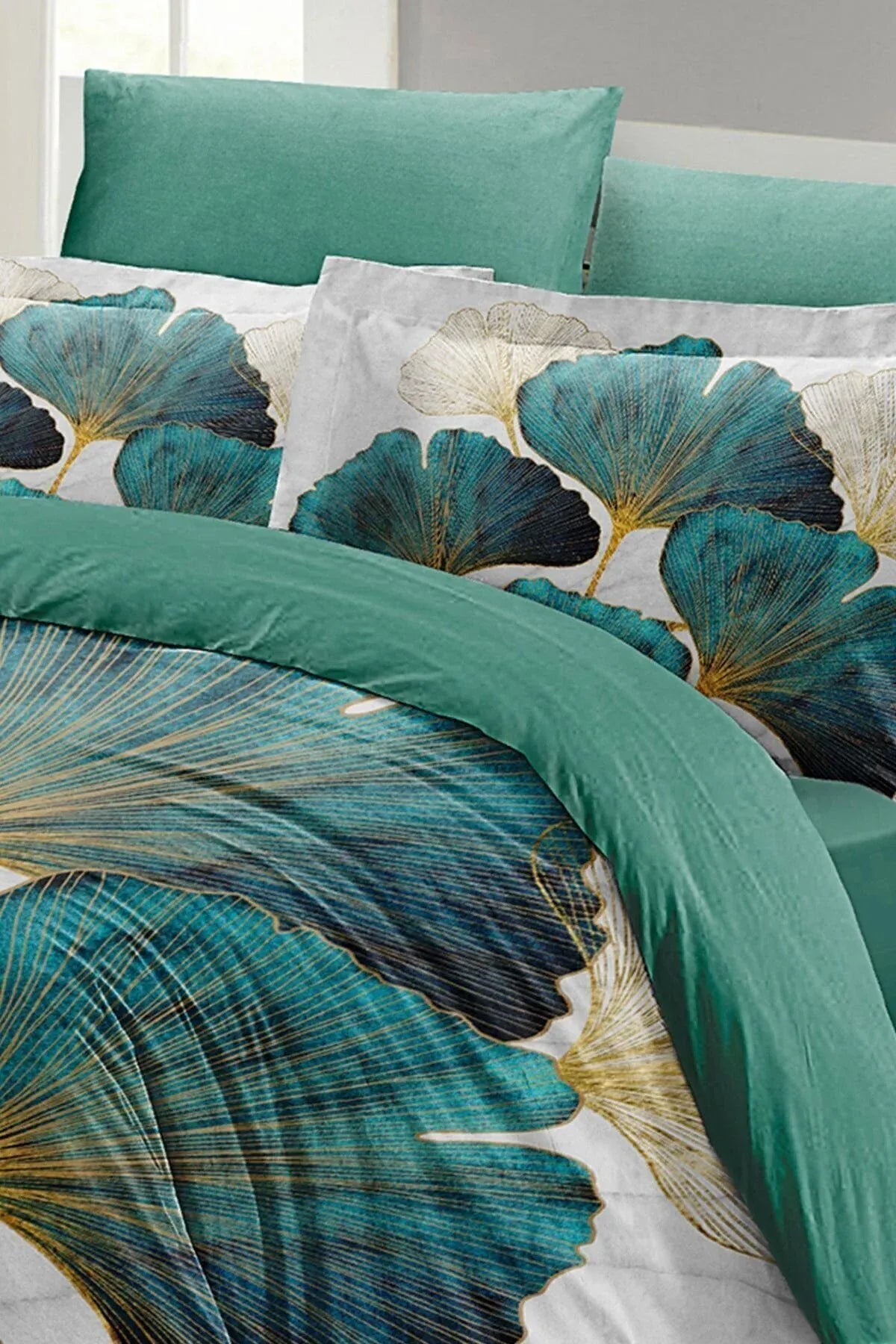 Çift Kişilik %100 Pamuk Saten Nevresim Takımı – Luxury Leaves – Çeyizlik & Hediyelik