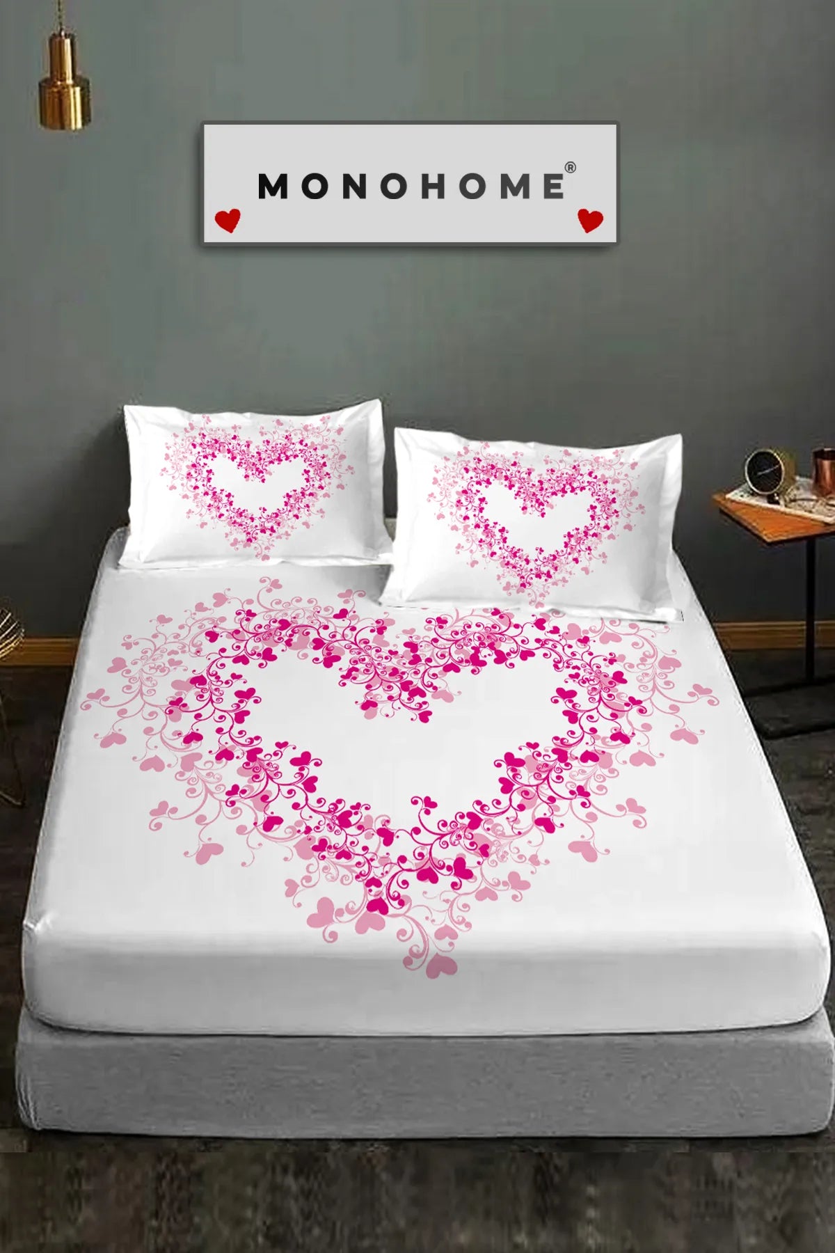 Pembe Kalplı Lastikli Çarşaf %100 Pamuk Oeko-tex Sertifikalı 3D Dijital 60 Tel