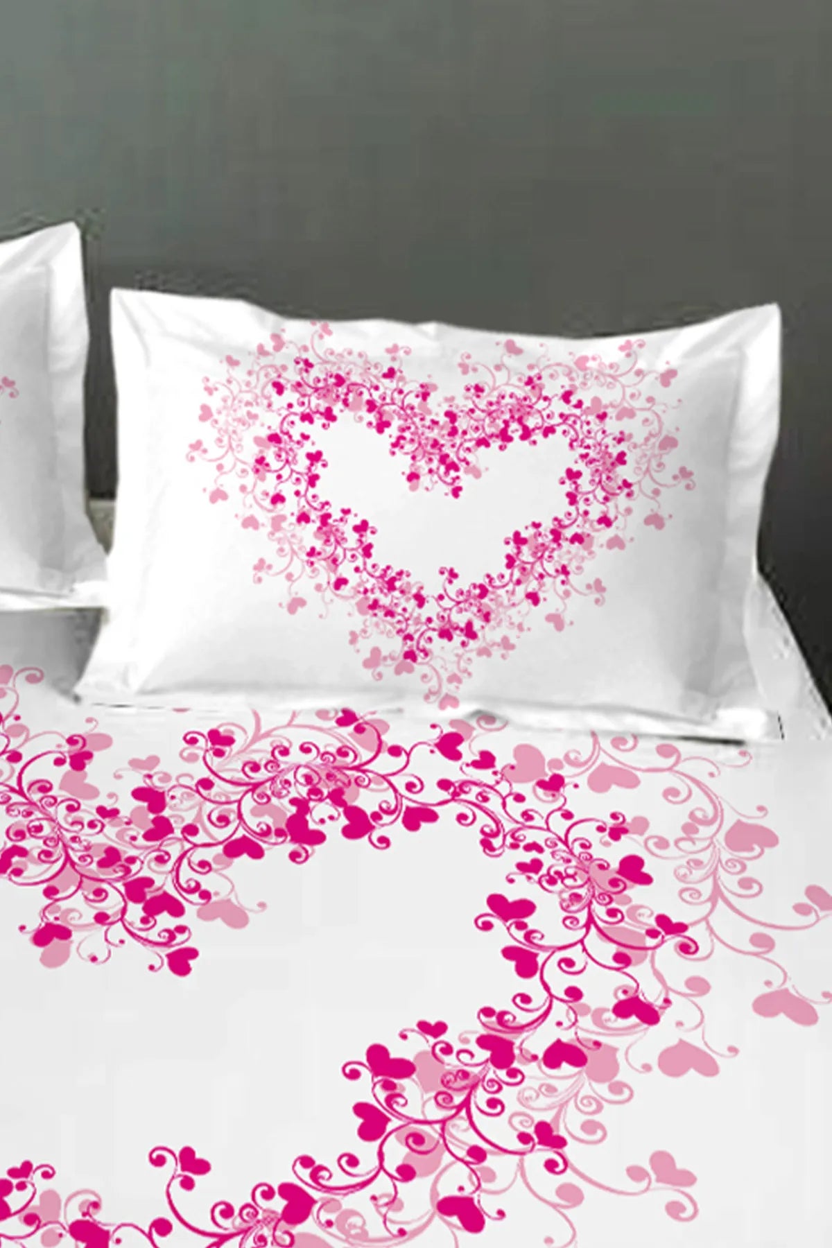 Pembe Kalplı Lastikli Çarşaf %100 Pamuk Oeko-tex Sertifikalı 3D Dijital 60 Tel