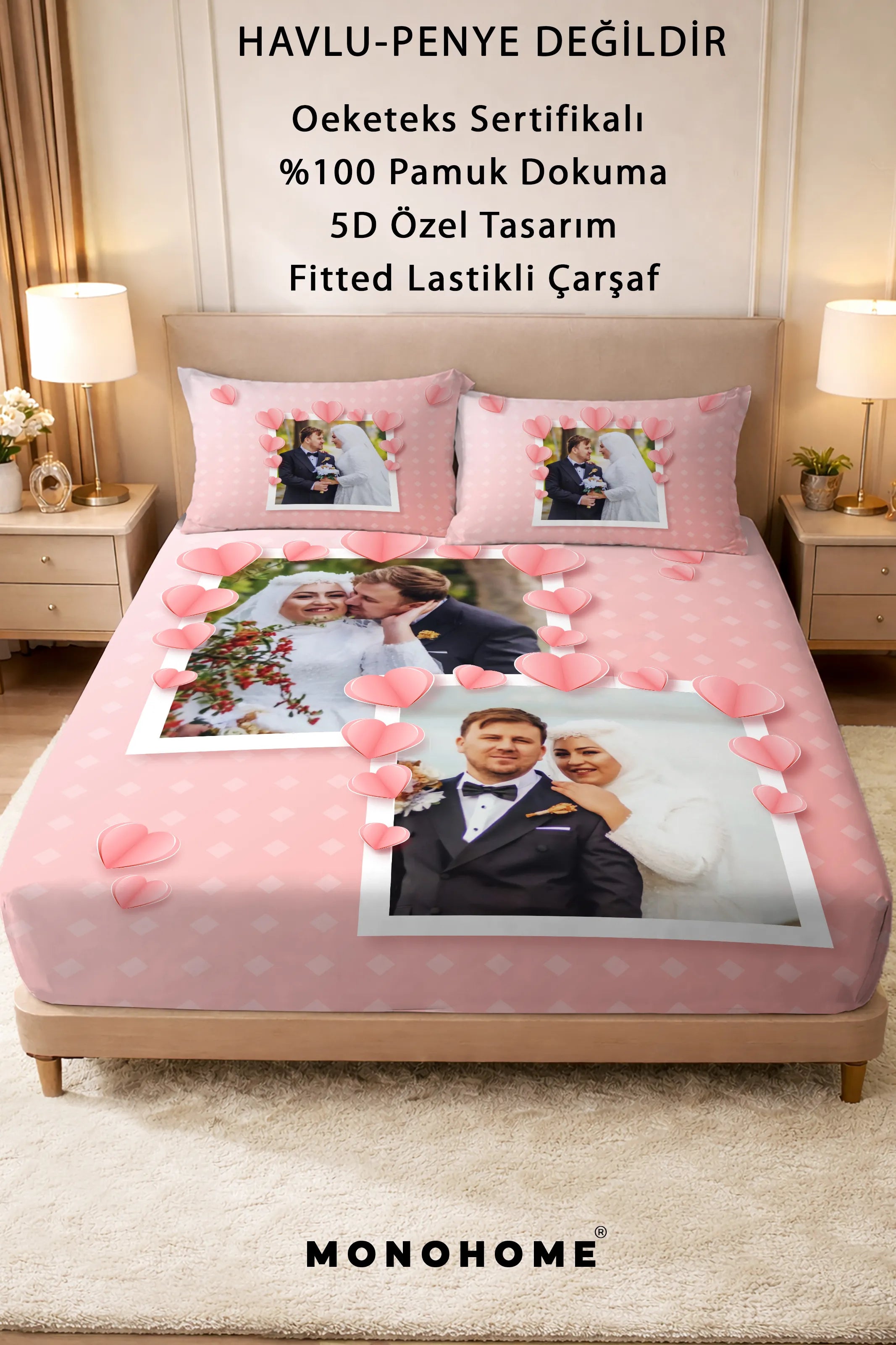 Kişiye Özel Resimli %100 Pamuk Yastıklı Çarşaf Takımı Pink Love