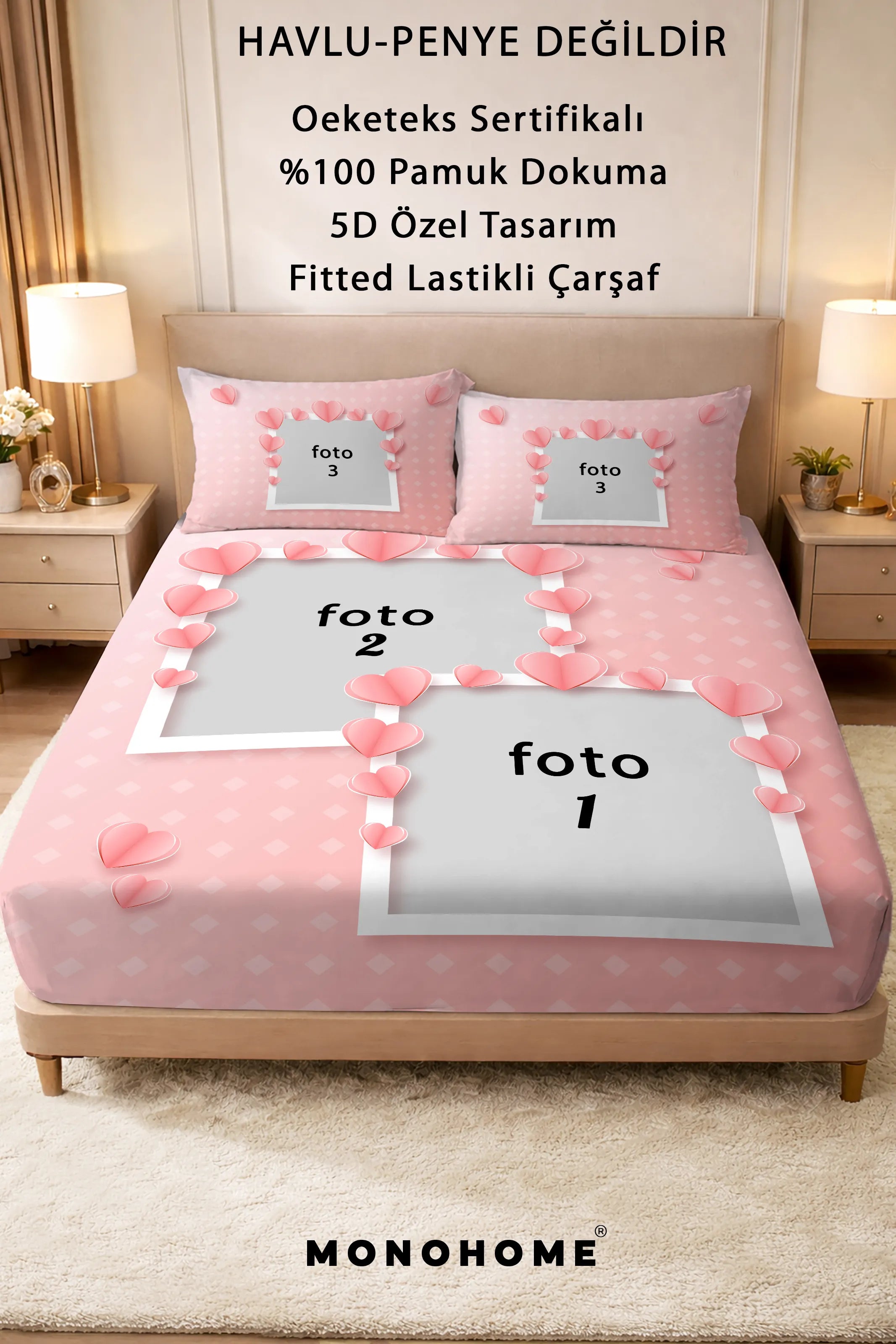Kişiye Özel Resimli %100 Pamuk Yastıklı Çarşaf Takımı Pink Love