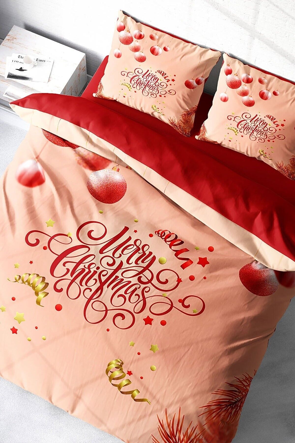 Yılbaşı Merry Christmas Çift Kişilik 3D Nevresim Takımı Pamuk Saten