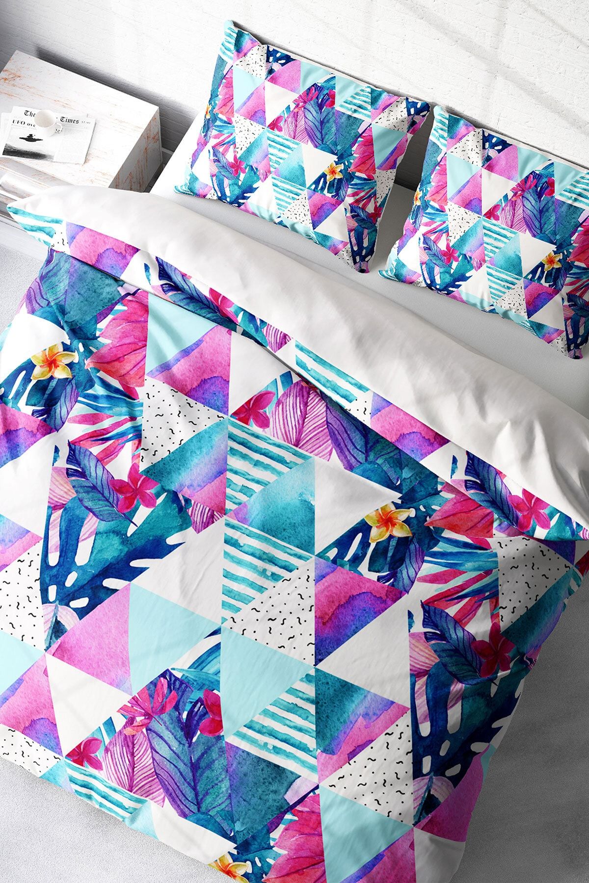 Geometric Tropical 3d Pamuk Saten Çift Kişilik Nevresim Takımı