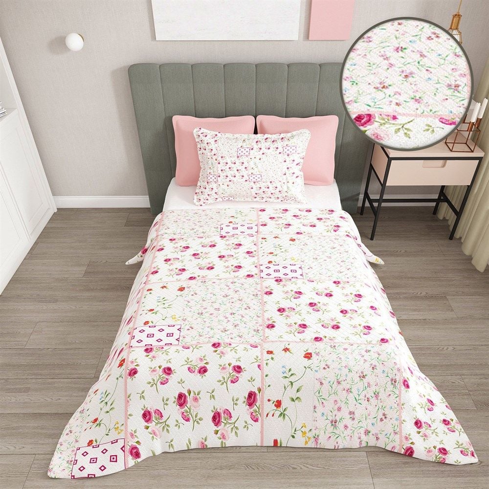 Tek Kişilik Pike Takımı Jakar Dokuma Pamuklu 3d Rose Branch