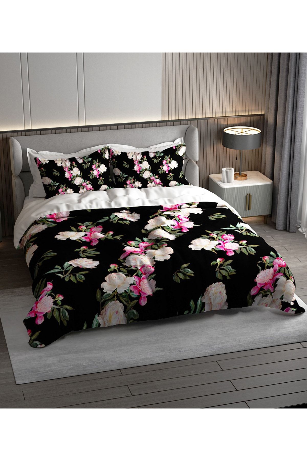 Black Flower Pamuk Saten Çift Kişilik Nevresim Takımı 3d
