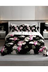 Black Flower Pamuk Saten Çift Kişilik Nevresim Takımı 3d