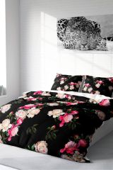 Black Flower Pamuk Saten Çift Kişilik Nevresim Takımı 3d