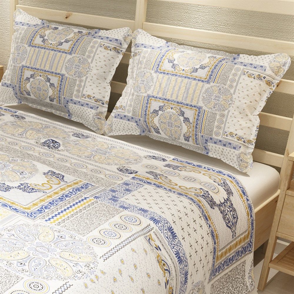 MonoHome Pike Takımı Jakar Dokuma Pamuklu 3D Dijital Baskı  Blue Patchwork