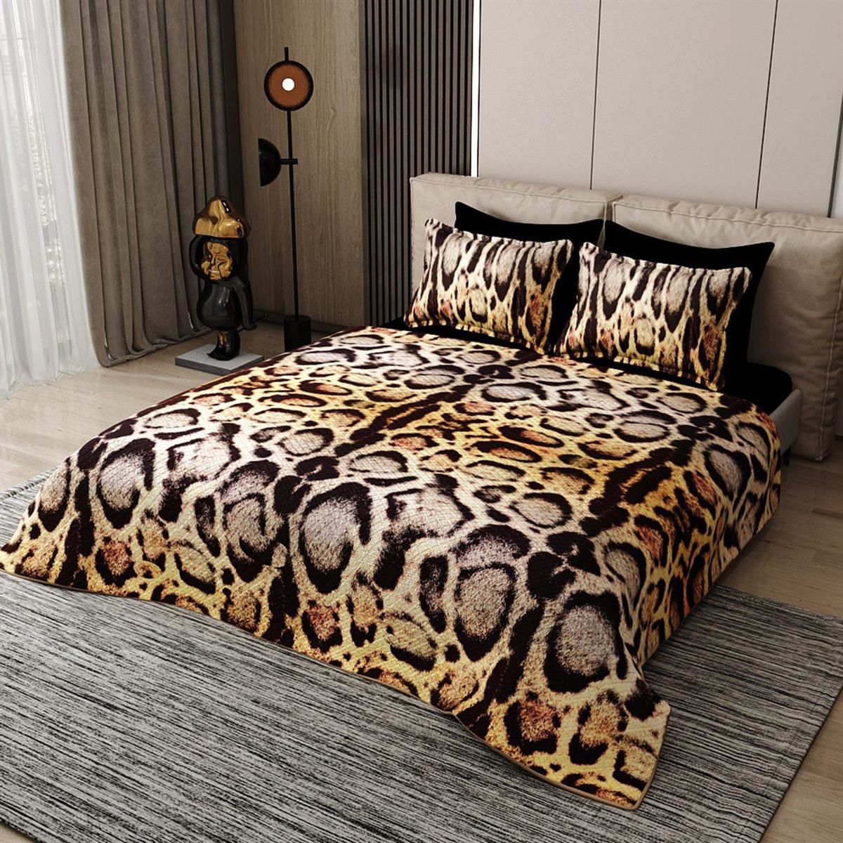 Pike Takımı Pamuklu Çift Kişilik  Jakar Dokuma Yatak Örtüsü Lux Leopar