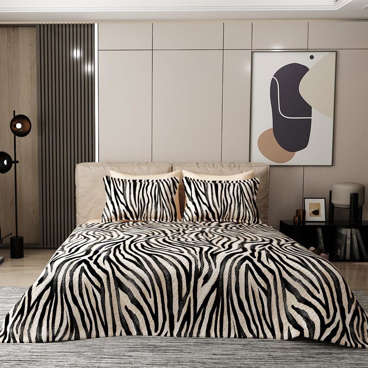 Pike Takımı Pamuklu Çift Kişilik  Jakar Dokuma Yatak Örtüsü Black Zebra