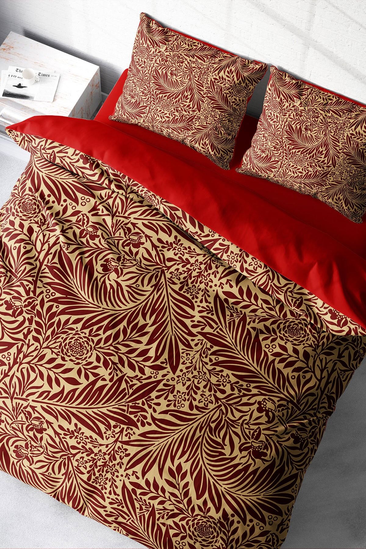 Red Leaf 3d Pamuk Saten Çift Kişilik Nevresim Takımı