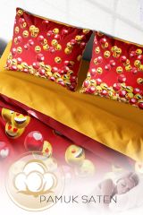 Emoji In Red 3d Pamuk Saten Çift Kişilik Nevresim Takımı