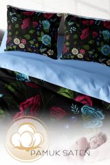 Flower Black 3d Pamuk Saten Çift Kişilik Nevresim Takımı