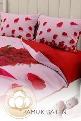 Sevgililer Günü Çift Kişilik Nevresim Takımı%100 Pamuk Saten 3d Gül Aşkı