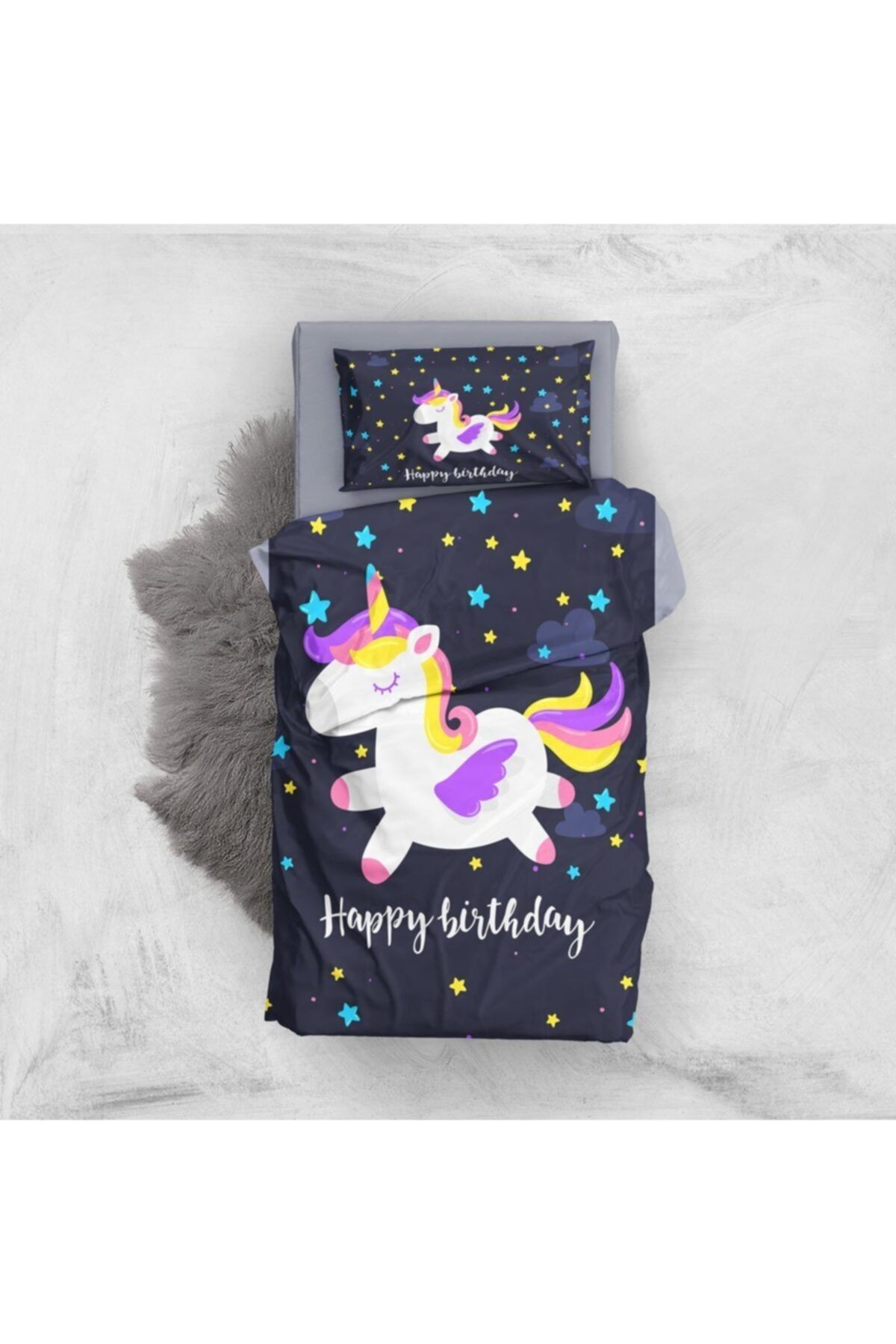 Black Unicorn 3D Pamuk Saten Bebek Nevresim Takımı