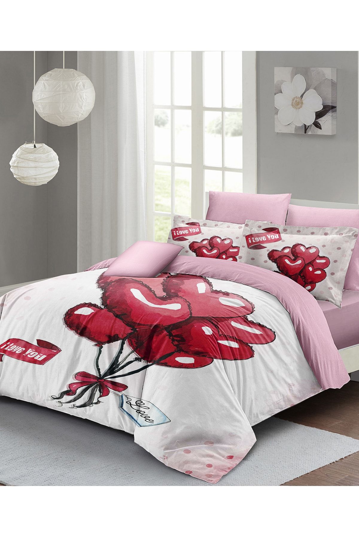 Sevgililer Günü Çift Kişilik Nevresim Takımı%100 Pamuk Saten Red Balls