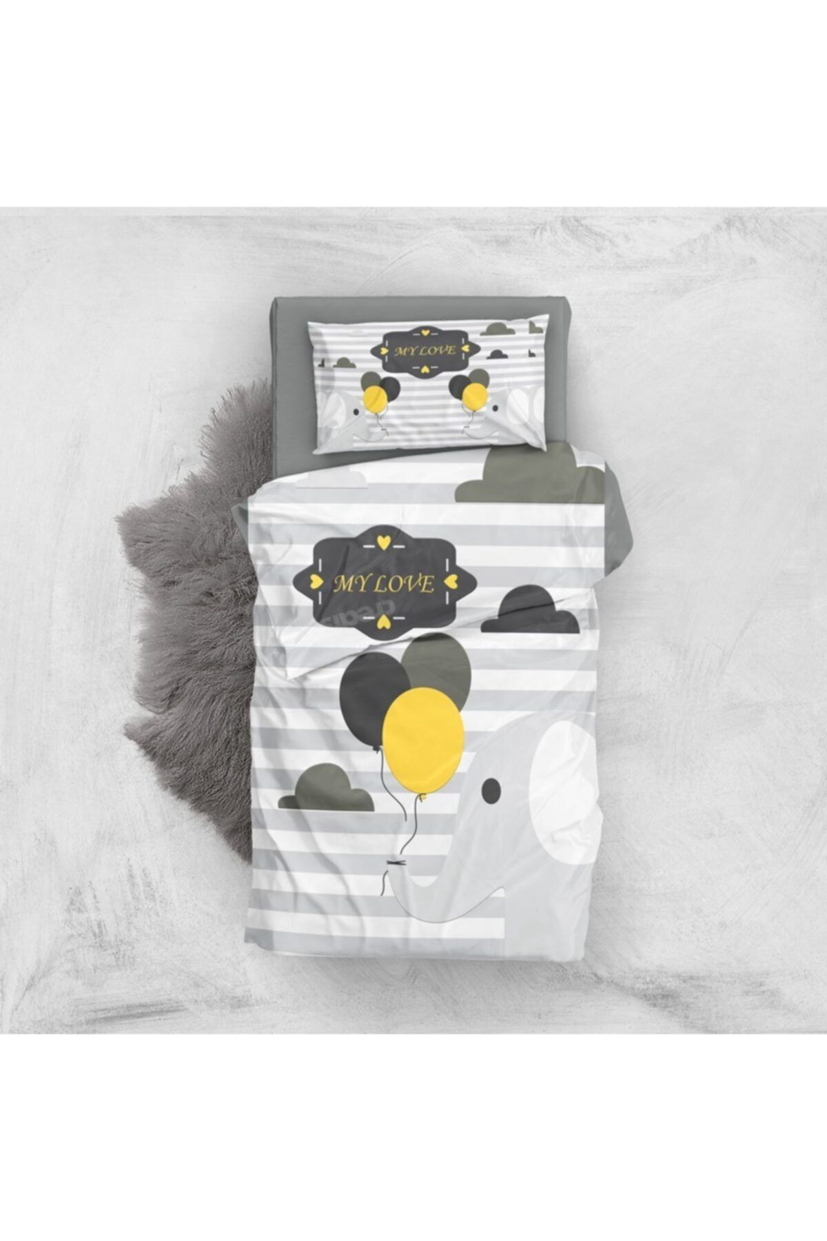 Gray Love 3D Pamuk Saten Bebek Nevresim Takımı