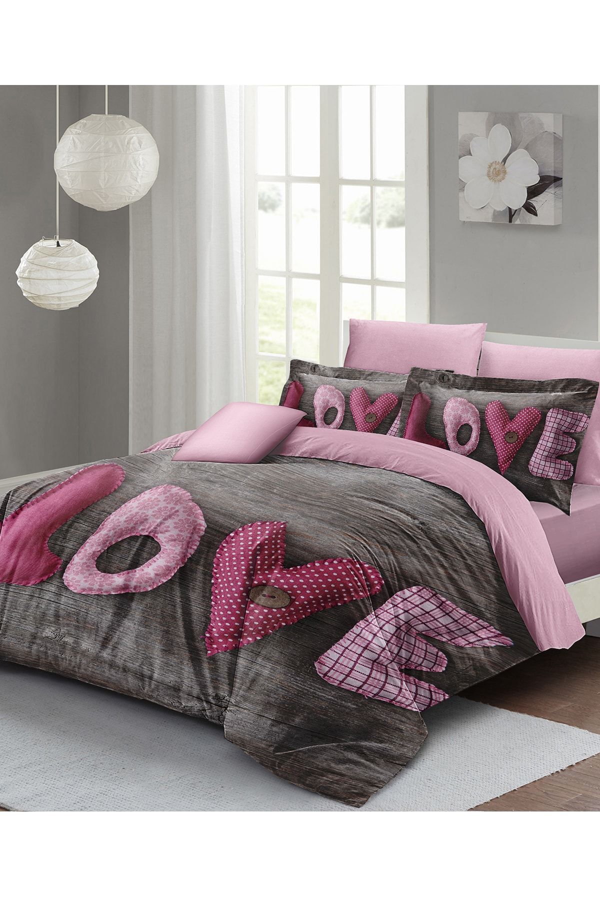 Sevgililer Günü Çift Kişilik Nevresim Takımı%100 Pamuk Saten Love