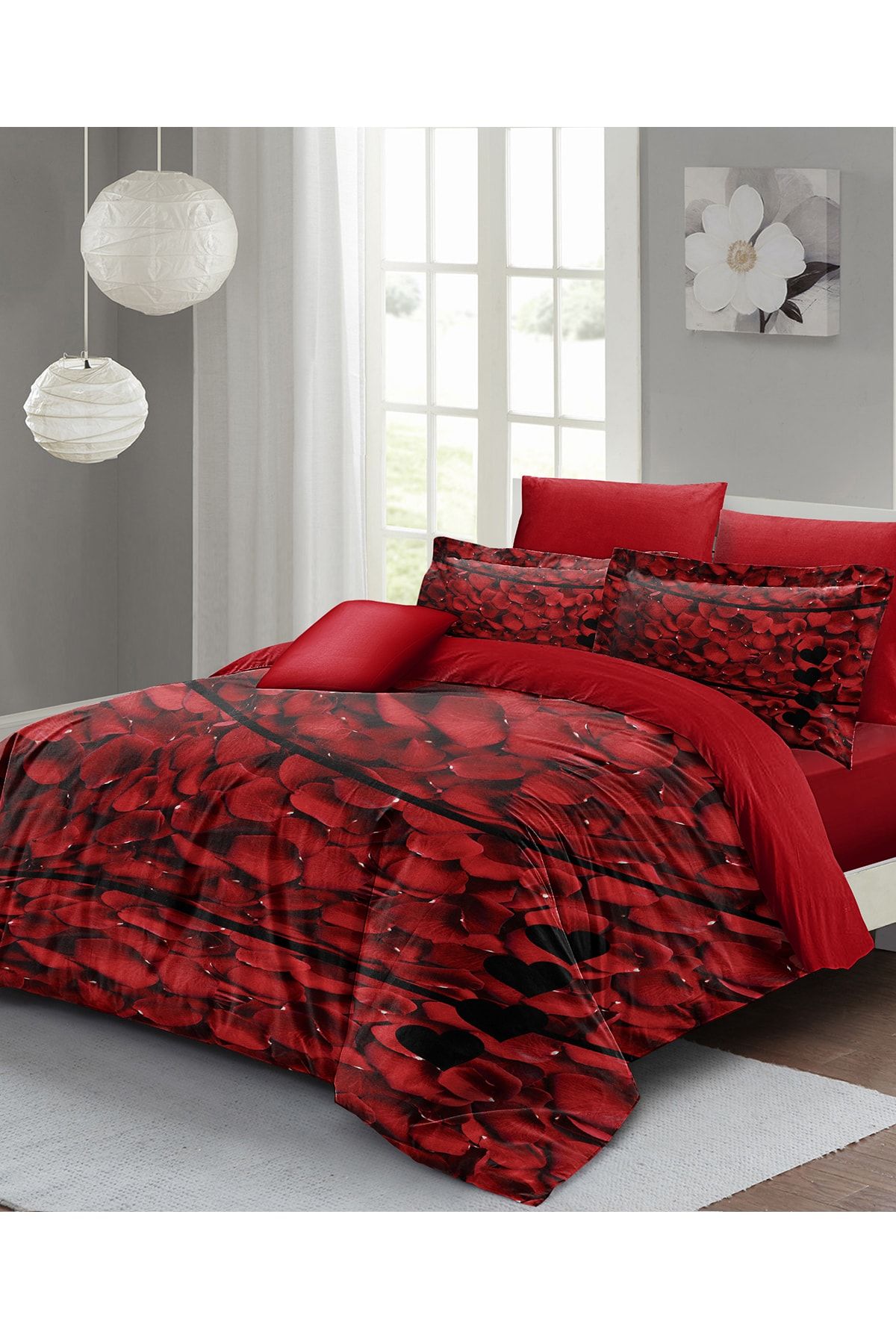 Sevgililer Günü Çift Kişilik Nevresim Takımı%100 Pamuk Saten Rose Feather