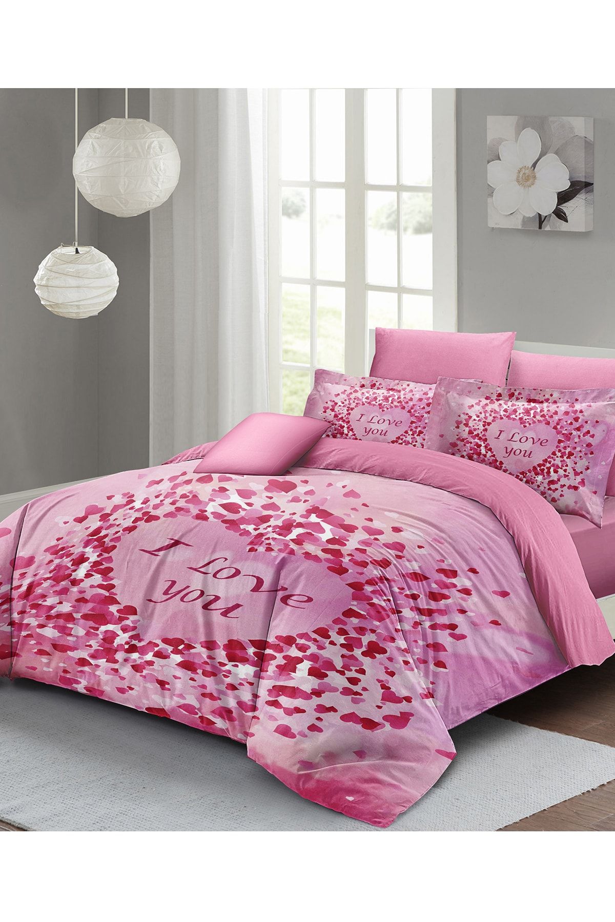 Sevgililer Günü Çift Kişilik Nevresim Takımı%100 Pamuk Saten I Love You