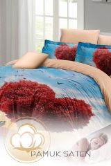 Sevgililer Günü Çift Kişilik Nevresim Takımı%100 Pamuk Saten Love Tree