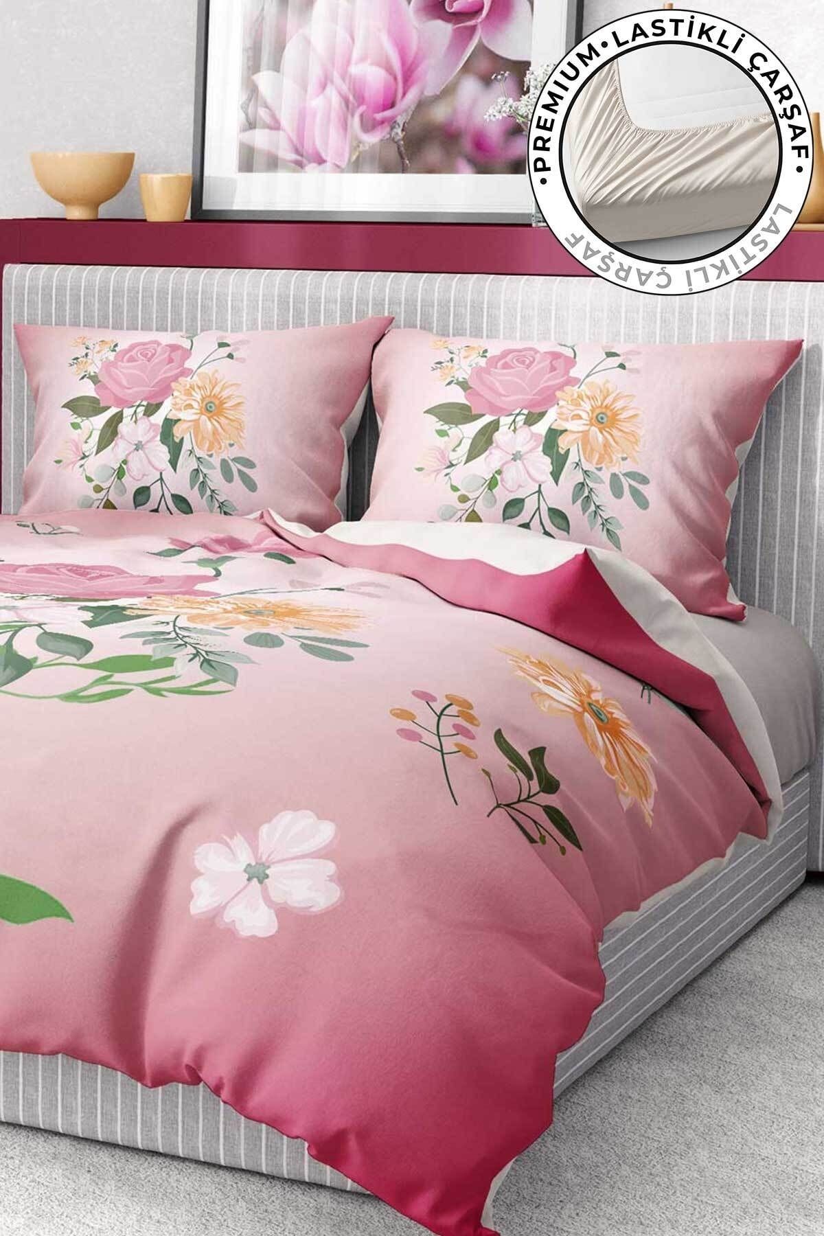 Premium Nevresim Takımı %100 Pamuk Saten Lastikli Çarşaf Deluxe Koleksiyon Çift Kişilik 3d Pink