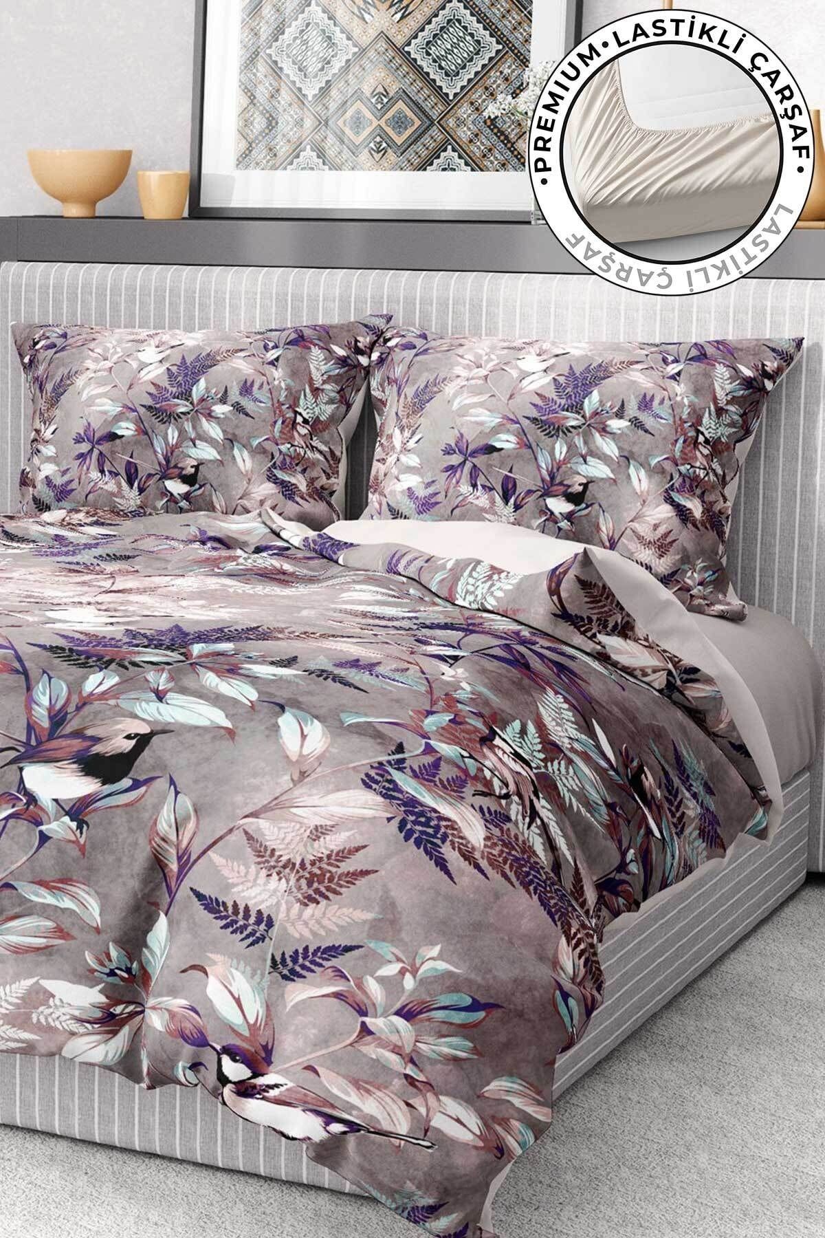 Premium Nevresim Takımı %100 Pamuk Saten Lastikli Çarşaf Deluxe Koleksiyon Çift Kişilik 3d Bird
