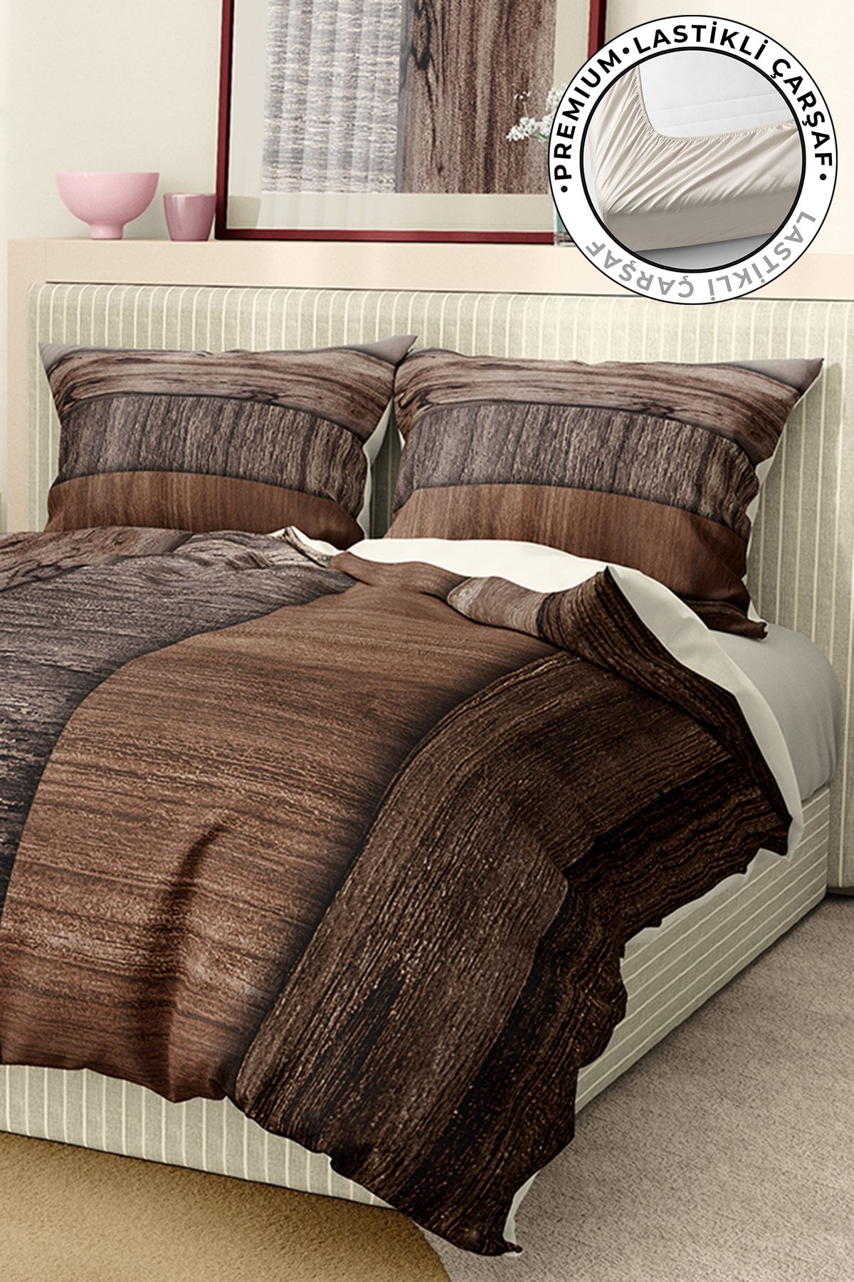 Premium Nevresim Takımı %100 Pamuk Saten Lastikli Çarşaf Deluxe Koleksiyon Çift Kişilik 3d Brown