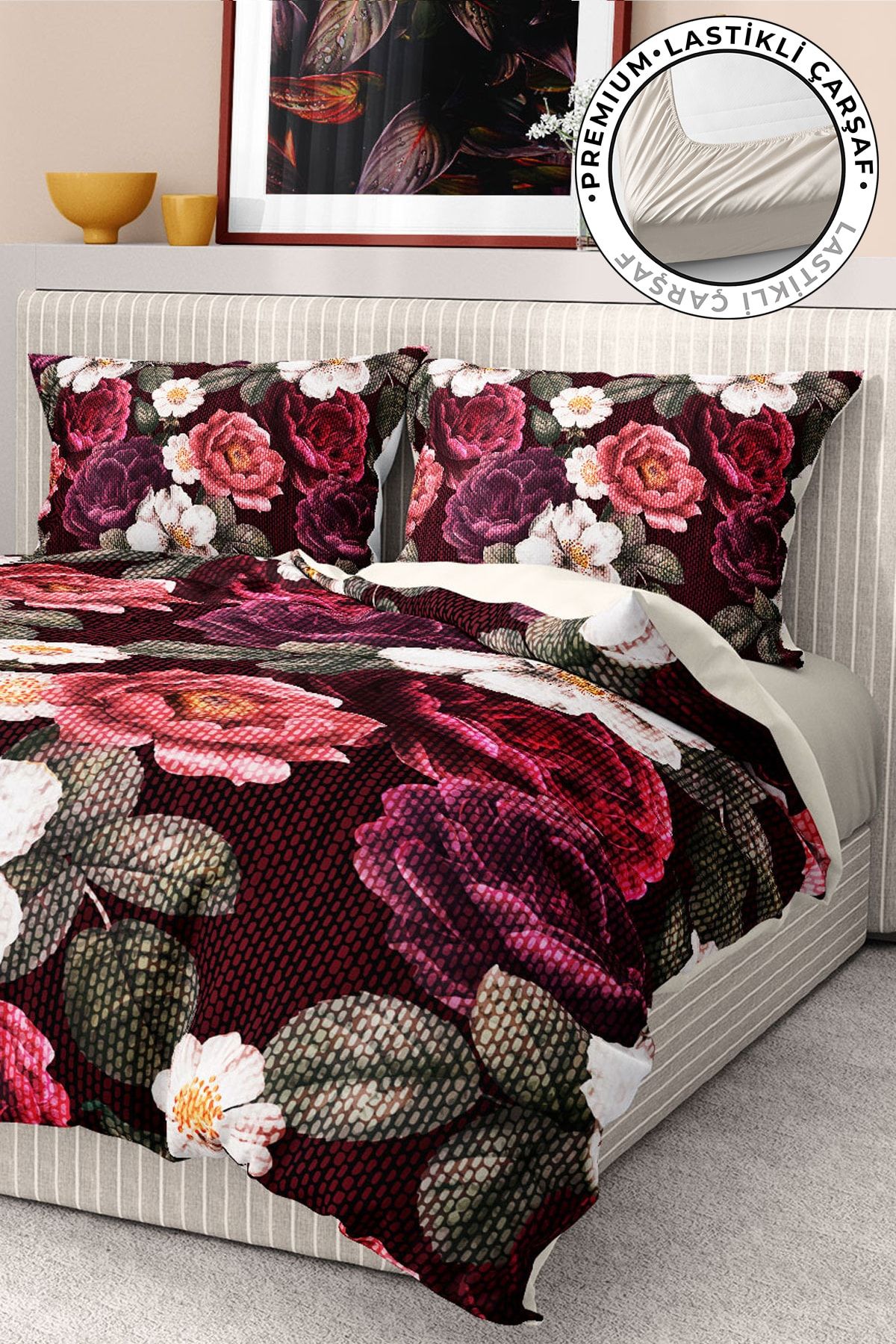 Premium Nevresim Takımı %100 Pamuk Saten Lastikli Çarşaf Deluxe Koleksiyon Çift Kişilik 3d Goblen