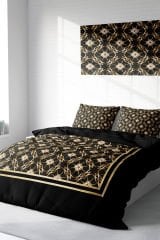 Lastikli Çarşaflı %100 Pamuk Saten Çift Kişilik Nevresim Takımı Gold Deco
