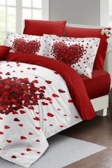 Lastikli Çarşaflı %100 Pamuk Saten Çift Kişilik Nevresim Takımı Red Love