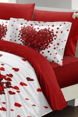 Lastikli Çarşaflı %100 Pamuk Saten Çift Kişilik Nevresim Takımı Red Love
