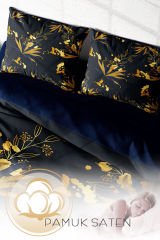 Lastikli Çarşaflı %100 Pamuk Saten Çift Kişilik Nevresim Takımı Gold Leaf