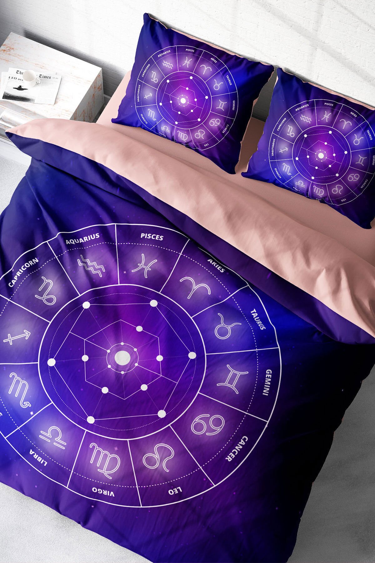Lastikli Çarşaflı %100 Pamuk Saten Çift Kişilik Nevresim Takımı Astroloji