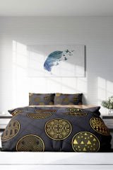 Lastikli Çarşaflı %100 Pamuk Saten Çift Kişilik Nevresim Takımı Gold Black Circle