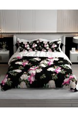 Lastikli Çarşaflı %100 Pamuk Saten Çift Kişilik Nevresim Takımı Black Flower