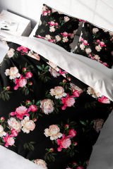 Lastikli Çarşaflı %100 Pamuk Saten Çift Kişilik Nevresim Takımı Black Flower